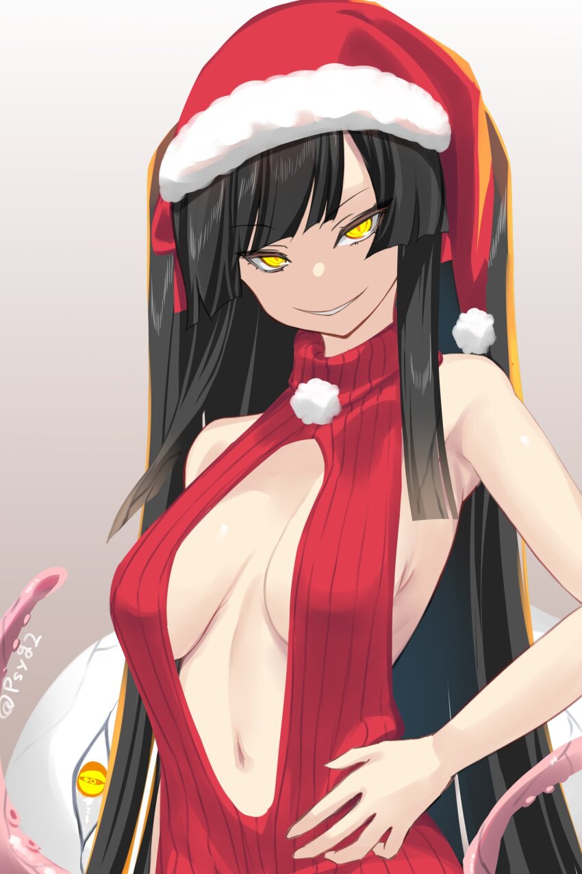 1girl, absurdres, alternate_costume, black_hair, breasts, brown_background, center_opening, check_commentary