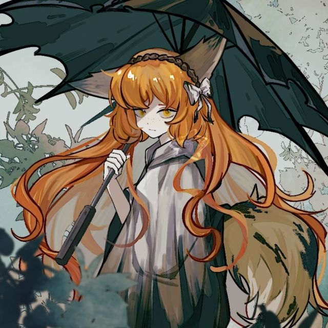 1girl, animal_ears, bow, cropped, dirty_hoodie, e.g.o_(project_moon), expressionless, fox_ears, fox_girl, fox_tail, freckles, hair_bow, hairband, hand_up, holding, holding_umbrella, hood, hood_down, hoodie, ishmael_(project_moon), leaf, limbus_company, long_hair, looking_at_viewer, miliniboxx, orange_eyes, orange_hair, project_moon, solo, sunshower_(e.g.o), tail, third-party_source, torn_umbrella, umbrella, upper_body, very_long_hair, white_hoodie