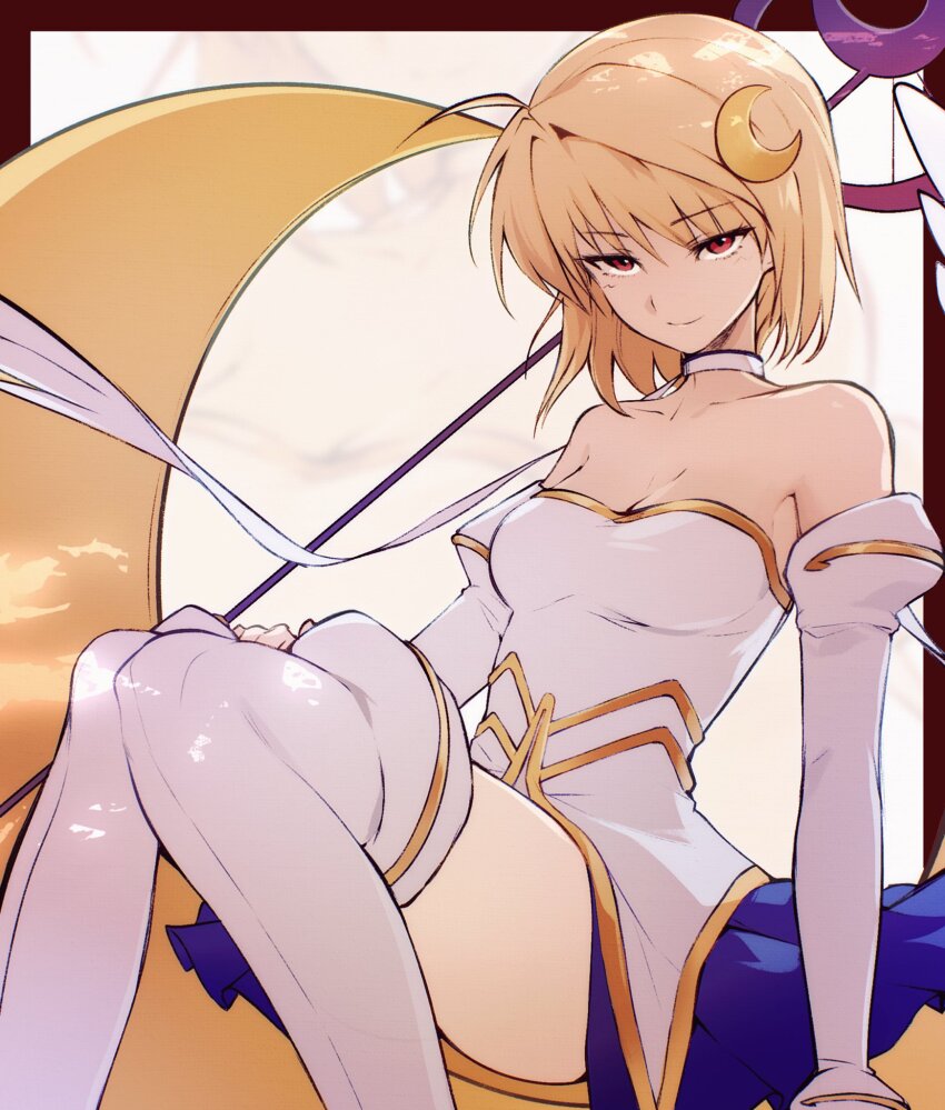 ahoge, arcueid_brunestud, bare_shoulders, black_border, blonde_hair, border, breasts, crescent