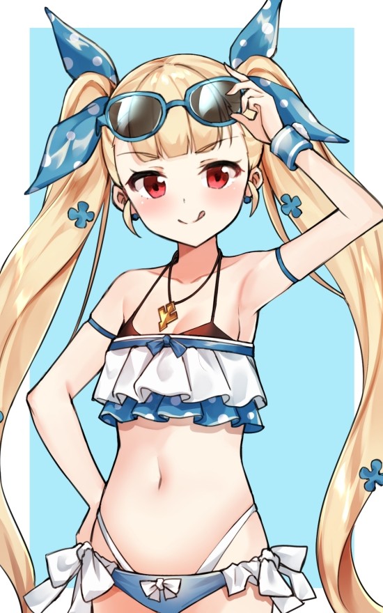 1girl, :p, achates_ururuda, adjusting_eyewear, arm_strap, arm_up, bikini, blonde_hair