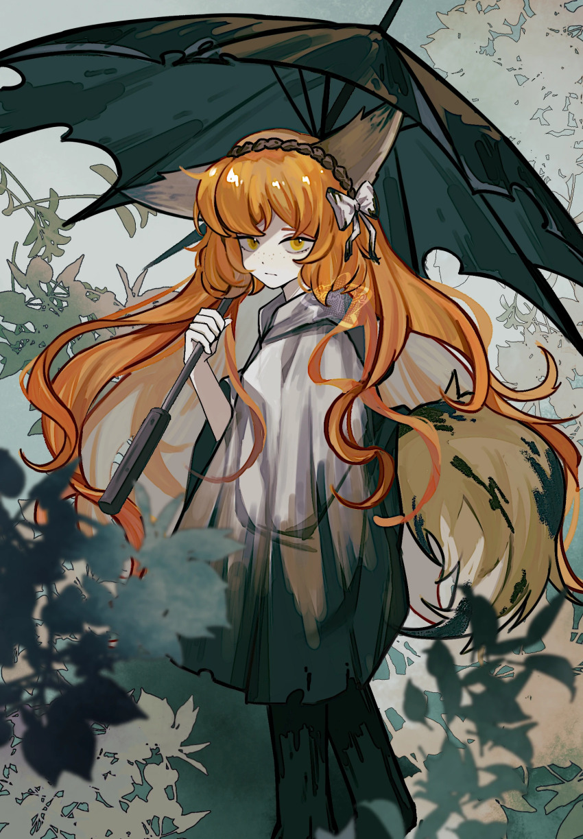 1girl, animal_ears, bow, chinese_commentary, commentary_request, cowboy_shot, dirty_hoodie, e.g.o_(project_moon), expressionless, fox_ears, fox_girl, fox_tail, freckles, hair_bow, hairband, hand_up, highres, holding, holding_umbrella, hood, hood_down, hoodie, ishmael_(project_moon), leaf, limbus_company, long_hair, looking_at_viewer, miliniboxx, orange_eyes, orange_hair, project_moon, sample_watermark, solo, sunshower_(e.g.o), tail, torn_umbrella, umbrella, very_long_hair, watermark, white_hoodie