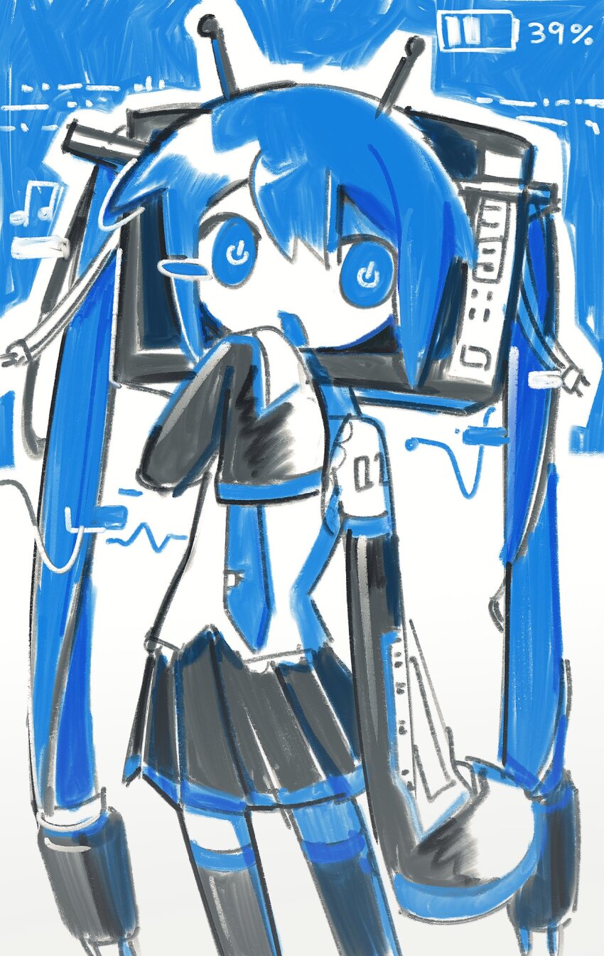 1girl, 39, bare_shoulders, battery_indicator, black_skirt, black_thighhighs, blue_eyes, blue_hair