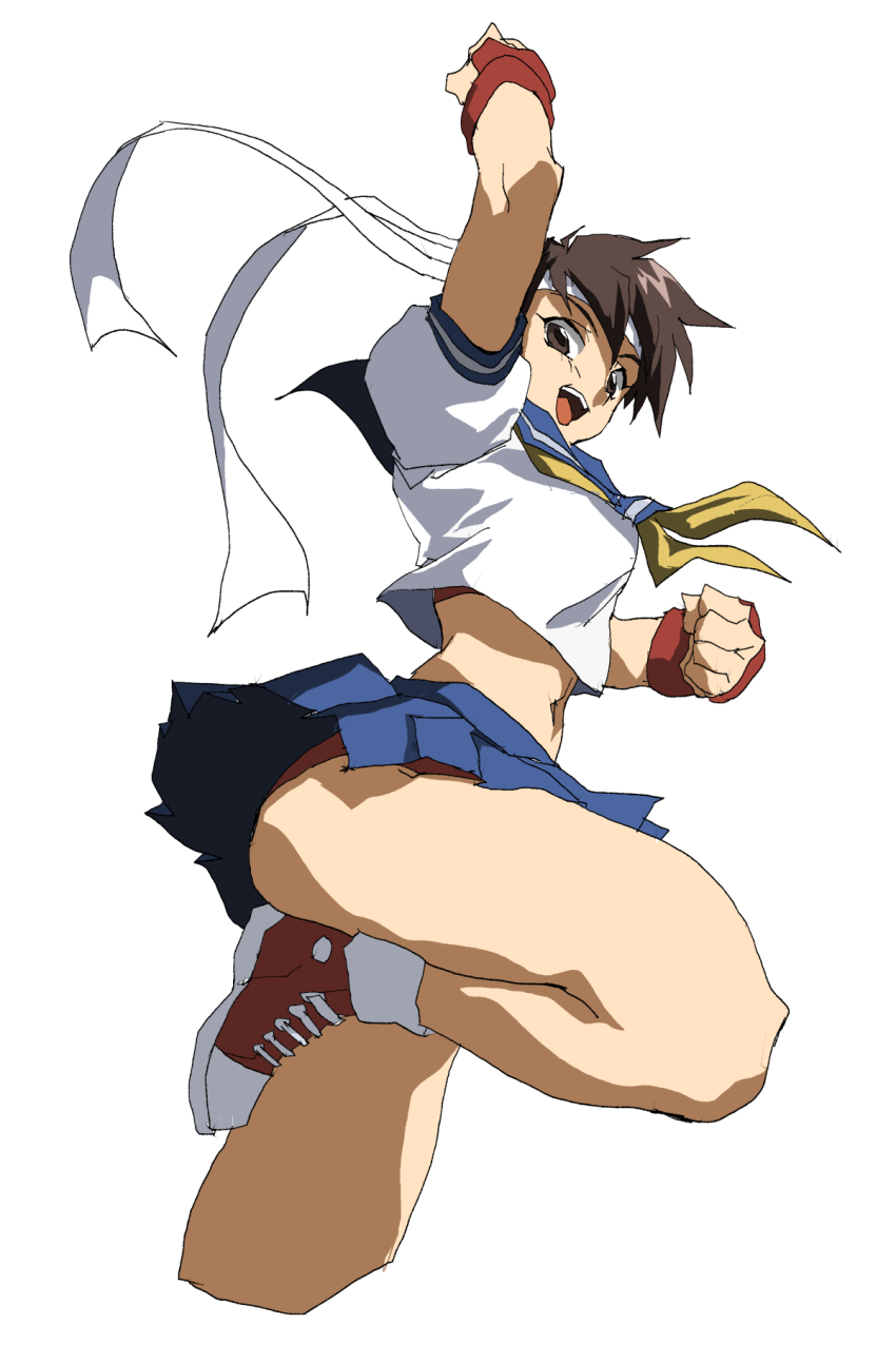 1girl, arm_up, blue_sailor_collar, brown_eyes, brown_hair, buruma, buruma_under_skirt, capcom