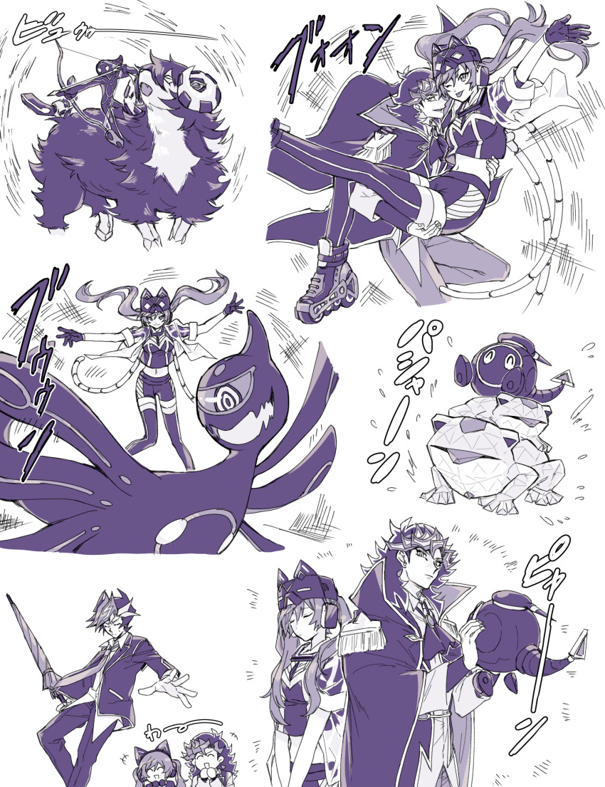 1girl, 2boys, :q, accesscode_talker, accesscode_talker_(cosplay), ai_(yu-gi-oh!), animal_ears, apollousa_bow_of_the_goddess, apollousa_bow_of_the_goddess_(cosplay), carrying, commentary_request, cosplay, creature, danmari_@ignister, duel_monster, el_shaddoll_winda, el_shaddoll_winda_(cosplay), evil_twin_ki-sikil, evil_twin_ki-sikil_&amp;_lil-la, evil_twin_ki-sikil_&amp;_lil-la_(cosplay), evil_twin_lil-la, fake_animal_ears, fujiki_yusaku, gloves, highres, holding, holding_umbrella, i:p_masquerena, isolde_two_tales_of_the_noble_knights, isolde_two_tales_of_the_noble_knights_(cosplay), ki-sikil_(yu-gi-oh!), lil-la_(yu-gi-oh!), linkuriboh, multiple_boys, one_eye_closed, princess_carry, roller_skates, rom_cloudia, sheep, skates, sosamoto_(tvny2528), spiked_hair, texchanger, toadally_awesome, toadally_awesome_(cosplay), tongue, tongue_out, twintails, umbrella, winda_(yu-gi-oh!), yu-gi-oh!, yu-gi-oh!_vrains