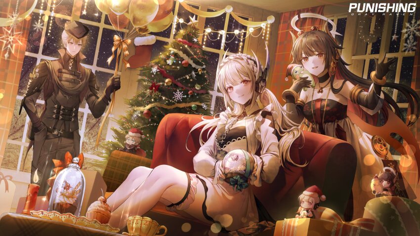 1boy, 2girls, absurdres, alternate_costume, balloon, breasts, candle, chibi