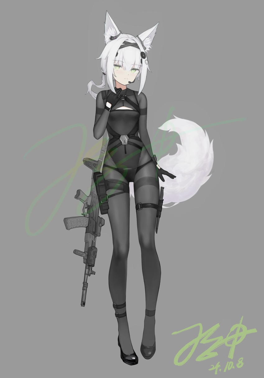 1girl, absurdres, ak-15, ammunition_pouch, animal_ear_fluff, animal_ears, ankle_strap, assault_rifle