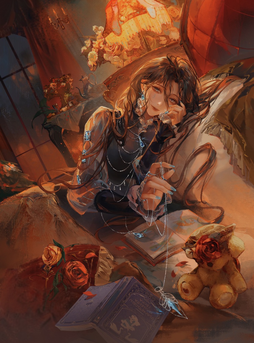 1girl, absurdres, aegyo_sal, black_dress, black_hair, blanket, blue_eyes, blue_gem