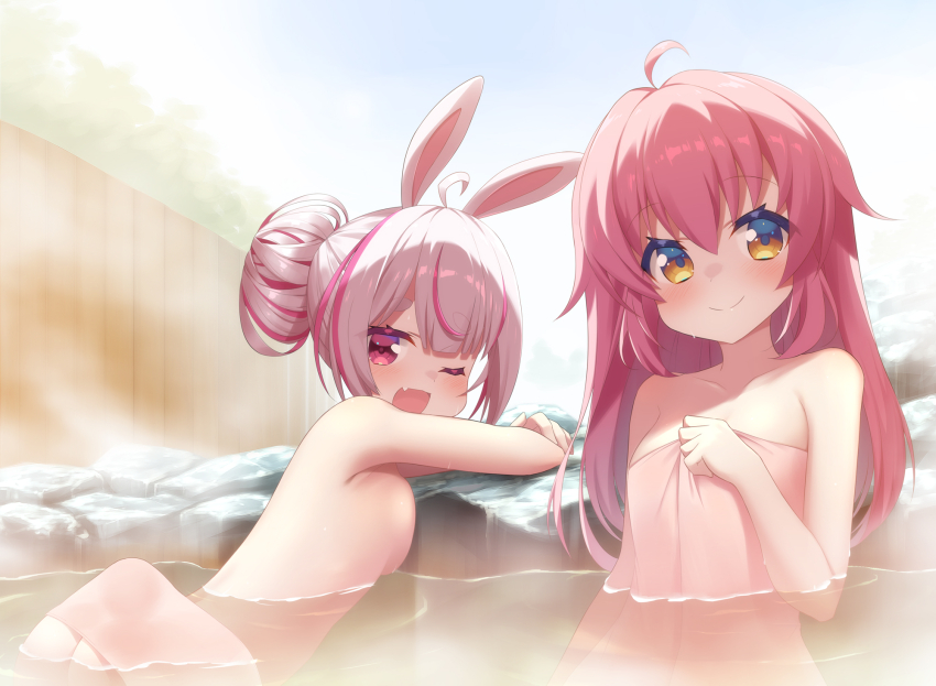 2girls, :d, ahoge, arm_at_side, arm_rest, ass, blunt_bangs, blush, breast_press, breasts, closed_mouth, collarbone, datenchi_yua, eyelashes, fang, fence, hair_between_eyes, hair_bun, hand_up, highres, holding, holding_towel, hoppege, indie_virtual_youtuber, leaning_on_object, long_hair, looking_at_viewer, multicolored_hair, multiple_girls, naked_towel, nude, one_eye_closed, onsen, open_mouth, outdoors, partially_submerged, pink_eyes, pink_hair, rabbit_ears, rock, same-sex_bathing, shared_bathing, short_eyebrows, short_hair, sidelocks, single_hair_bun, small_breasts, smile, steam, streaked_hair, thick_eyebrows, tomari_mari, towel, two-tone_hair, upper_body, virtual_youtuber, water, wooden_fence, yellow_eyes