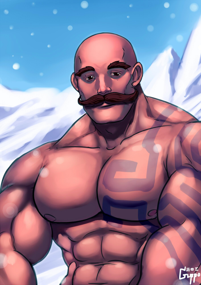 1boy, abs, bald, bara, bodypaint, braum_(league_of_legends), broad_shoulders, facial_hair