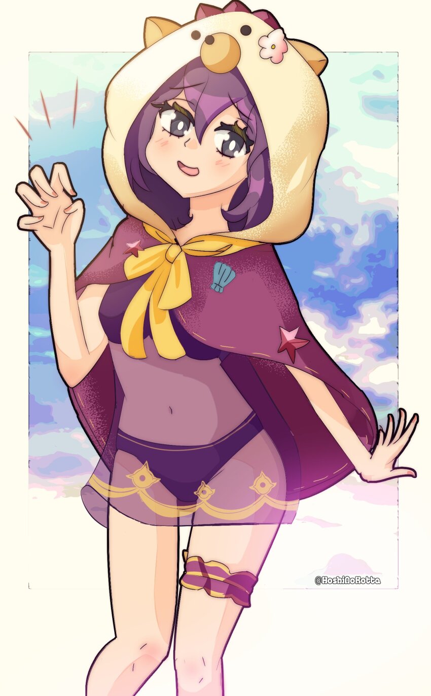 1girl, animal_hood, arm_up, bear_hood, bernadetta_von_varley, bernadetta_von_varley_(summer), bikini, border