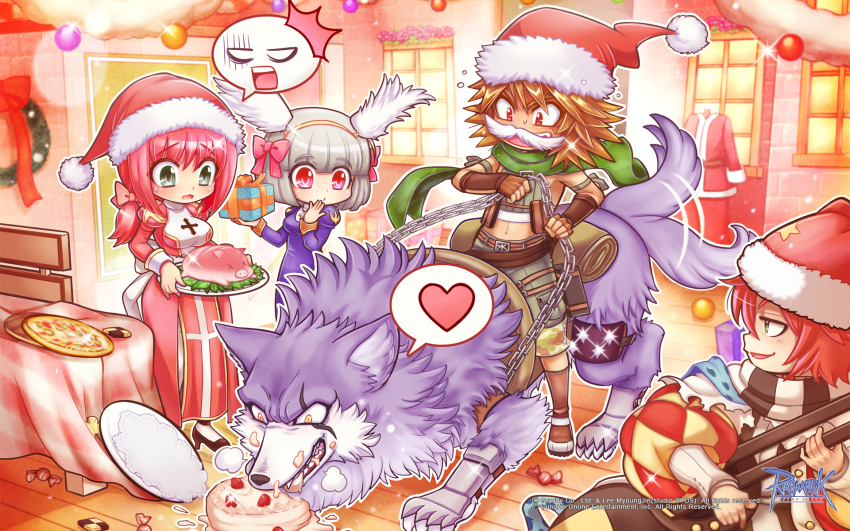 2boys, 2girls, argyle_clothes, argyle_coat, belt, black_footwear, black_pants, black_scarf, blonde_hair, blue_scarf, blunt_bangs, blush, bob_cut, boots, bow, breasts, brown_belt, brown_footwear, brown_gloves, cake, camouflage, camouflage_shorts, candy, checkerboard_cookie, christmas, coat, cookie, copyright_notice, crop_top, double_neck_guitar, dress, eating, fake_facial_hair, fake_mustache, fake_wings, feathered_wings, fingerless_gloves, food, fujimaru_ao, full_body, fur-trimmed_headwear, fur_trim, gingerbread_man, gloves, green_eyes, green_scarf, green_shirt, green_shorts, grey_hair, guest_art, guitar, hair_bow, hat, head_wings, heart, high_heels, high_priest_(ragnarok_online), highres, holding, holding_instrument, holding_reins, indoors, instrument, juliet_sleeves, logo, long_hair, long_sleeves, looking_at_animal, medium_breasts, minstrel_(ragnarok_online), multiple_boys, multiple_girls, official_art, official_wallpaper, open_mouth, pants, piglet, pink_bow, pink_dress, pink_eyes, pink_hair, pizza, polka_dot, polka_dot_scarf, priest_(ragnarok_online), puffy_sleeves, purple_dress, ragnarok_online, ranger_(ragnarok_online), red_coat, red_eyes, red_hat, reins, riding, roast_pork, santa_hat, savage_babe, scarf, shirt, short_hair, shorts, sleeveless, sleeveless_shirt, smile, smug, spiked_hair, spoken_heart, standing, striped_clothes, striped_scarf, surprised, tail, tail_wagging, thighhighs, two-tone_dress, white_dress, white_scarf, white_thighhighs, white_wings, window, wings, wolf, wrapped_candy, x_x
