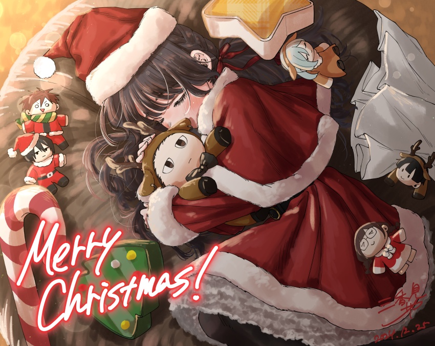 1girl, absurdres, blush, brown_hair, closed_eyes, dress, hat, highres, hoshina_subaru, hug, jacket, kaoru_hana_wa_rin_to_saku, long_hair, long_sleeves, lying, merry_christmas, mikami_saka, natsusawa_saku, official_art, on_side, red_dress, red_jacket, santa_costume, santa_dress, santa_hat, sleeping, solo, stuffed_toy, tsumugi_rintarou, usami_shouhei, very_long_hair, waguri_kaoruko, yorita_ayato, yuzuhara_madoka