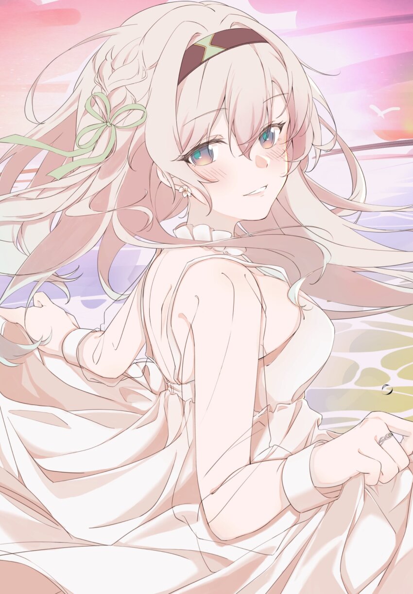 akar1, black_hairband, blush, clothes_lift, dress, firefly_(honkai:_star_rail), grey_hair, hair_ornament