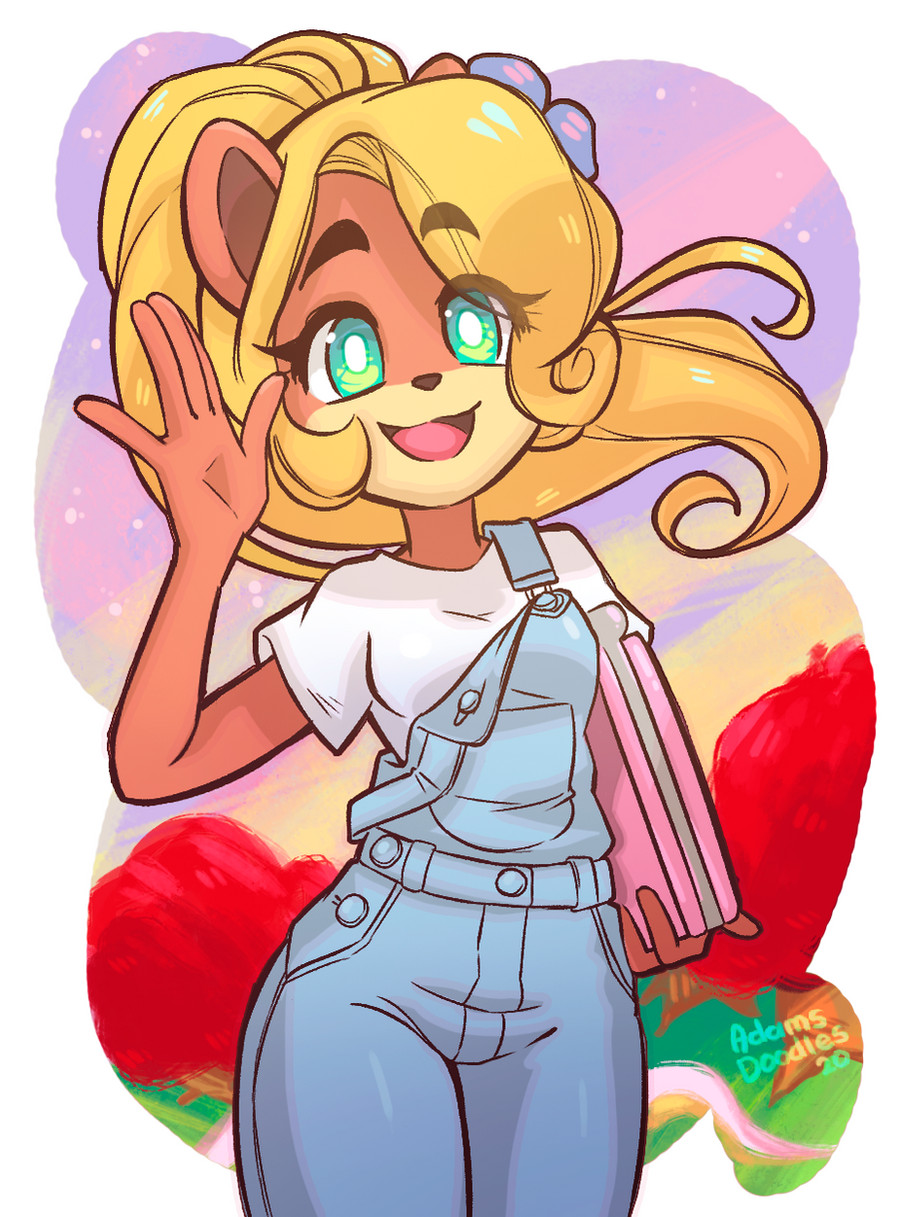 1girl, animal_nose, artist_name, blue_overalls, breasts, bright_pupils, coco_bandicoot, commentary