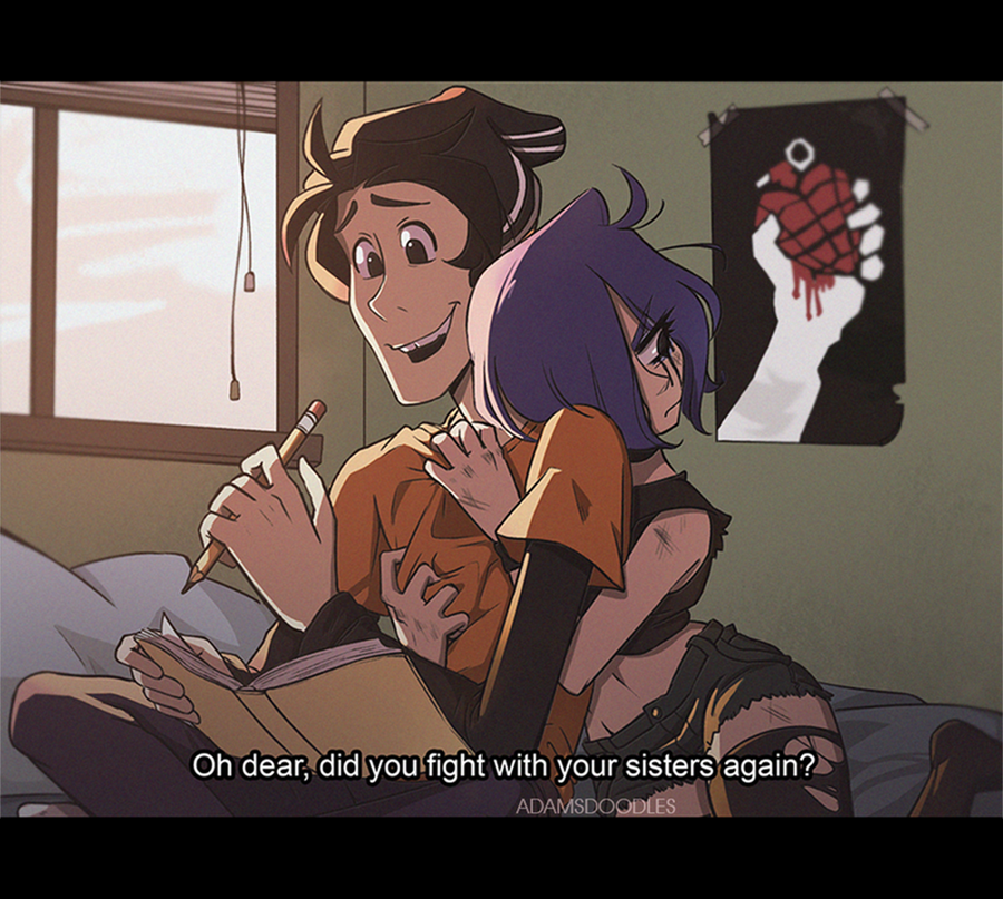 1boy, 1girl, aged_up, american_idiot, artist_name, beanie, bed, black_eyes, black_hair, black_hat, black_pants, black_thighhighs, book, commentary, cropped_shirt, doosio, ed_edd_n_eddy, edd_(ed_edd_n_eddy), english_commentary, english_text, fake_screenshot, green_day, hat, holding, holding_pencil, indoors, letterboxed, marie_kanker, midriff, mixed-language_commentary, navel, one_eye_covered, open_book, open_mouth, orange_shirt, pants, pencil, poster_(object), raised_inner_eyebrows, shirt, smile, spanish_commentary, thighhighs, torn_clothes, torn_thighhighs, v-shaped_eyebrows, watermark, window