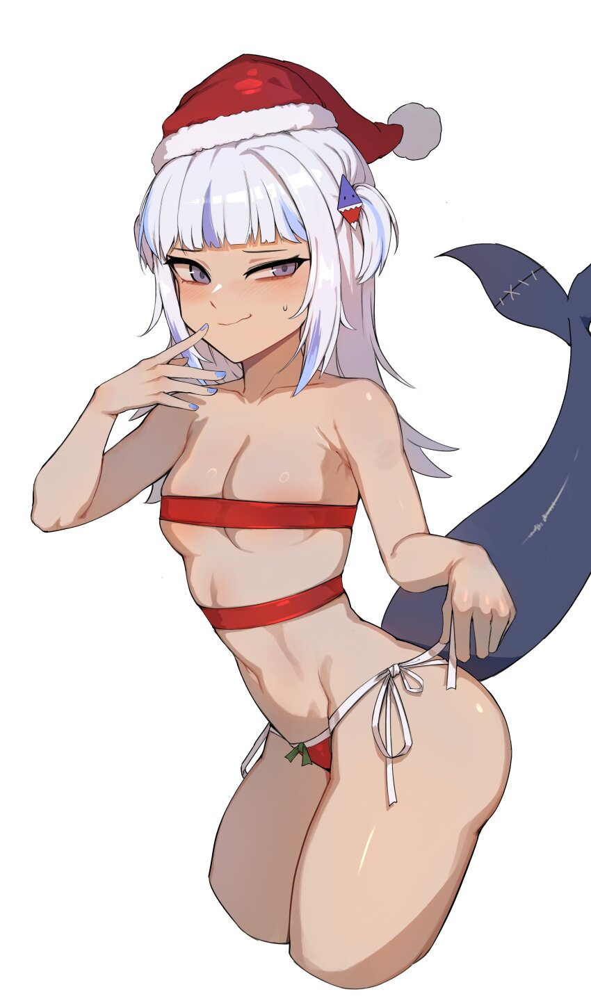 1girl, absurdres, alternate_costume, animal_hood, bare_shoulders, bikini, blue_eyes, blue_hair, blunt_bangs, blush, breast_band, breasts, covered_erect_nipples, fins, fish_tail, gawr_gura, gift_wrapping, hair_ornament, hat, highres, hololive, hololive_english, hood, iver_(reviolet), long_hair, merry_christmas, multicolored_hair, navel, santa_bikini, santa_costume, santa_hat, shark_girl, shark_hair_ornament, shark_hood, shark_print, shark_tail, small_breasts, solo, streaked_hair, string_bikini, swimsuit, tail, two_side_up, virtual_youtuber, white_background, white_hair