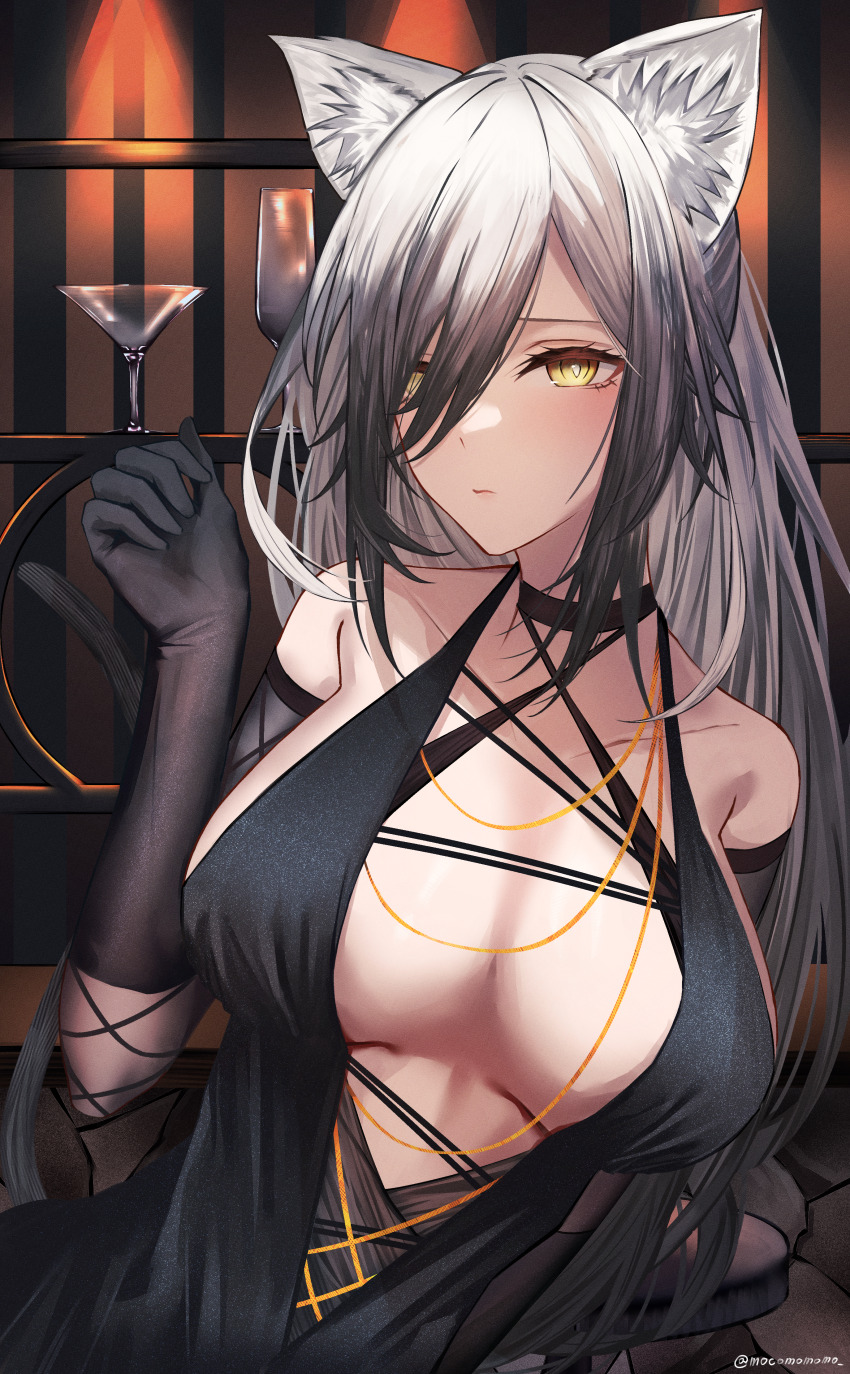 1girl, absurdres, animal_ear_fluff, animal_ears, arknights, black_choker, black_dress, black_gloves