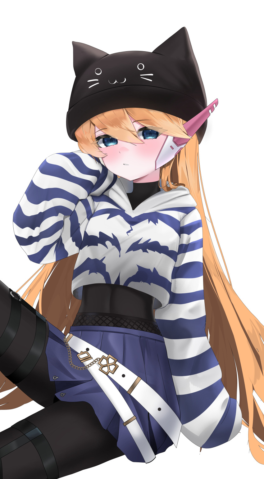 1girl, abs, absurdres, alternate_costume, alternate_hairstyle, animal_hat, beanie, belt, blonde_hair, blue_eyes, blush, bodystocking, breasts, cat_hat, ciel_(mega_man), commission, commissioner_upload, eyelashes, fauron714, hat, highres, hood, hood_down, hooded_sweater, hoodie, long_hair, long_sleeves, looking_at_viewer, mechanical_ears, mega_man_(series), mega_man_zero_(series), non-web_source, sleeves_past_fingers, sleeves_past_wrists, small_breasts, striped_clothes, sweater, thigh_strap, thighs, transparent_background