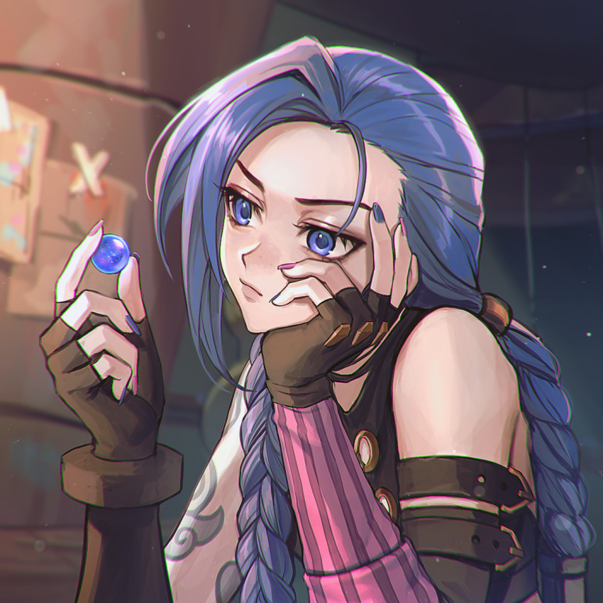1girl, aegyo_sal, arcane:_league_of_legends, arcane_jinx, arm_belt, arm_tattoo, arm_warmers, bare_shoulders