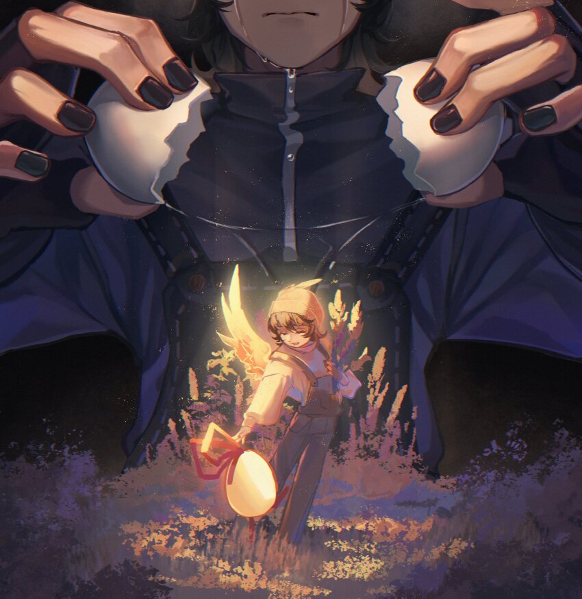 1boy, absurdres, adoptive_parent_and_adoptive_child, animification, bird_boy, bird_wings, closed_eyes, commentary