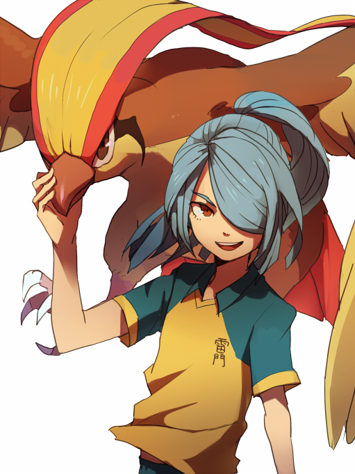 1boy, blue_hair, clothes_writing, crossover, gen_1_pokemon, hair_over_one_eye, inazuma_eleven, inazuma_eleven_(series)