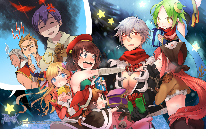 4boys, 4girls, affectionate_harem, anger_vein, angry, arm_wrap, armor, artist_request