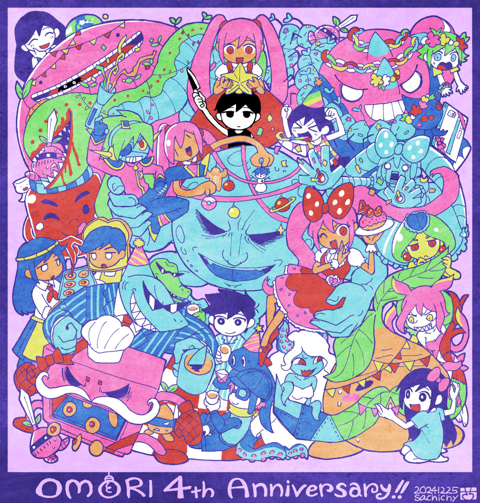 >_<, 6+boys, 6+girls, :o, aizawa_sachi, anniversary, arm_up, aubrey_(headspace)_(omori)