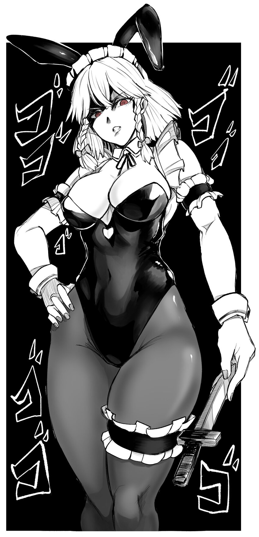 1girl, absurdres, animal_ears, armband, axel_hi, braid, breasts, closed_mouth, covered_navel, detached_collar, eyelashes, fake_animal_ears, fingernails, frilled_armband, frilled_thigh_strap, frills, hand_on_own_hip, highres, holding, holding_knife, izayoi_sakuya, knife, large_breasts, medium_hair, monochrome, neck_ribbon, pantyhose, playboy_bunny, rabbit_ears, red_eyes, ribbon, serious, solo, thigh_strap, touhou, twin_braids, wrist_cuffs
