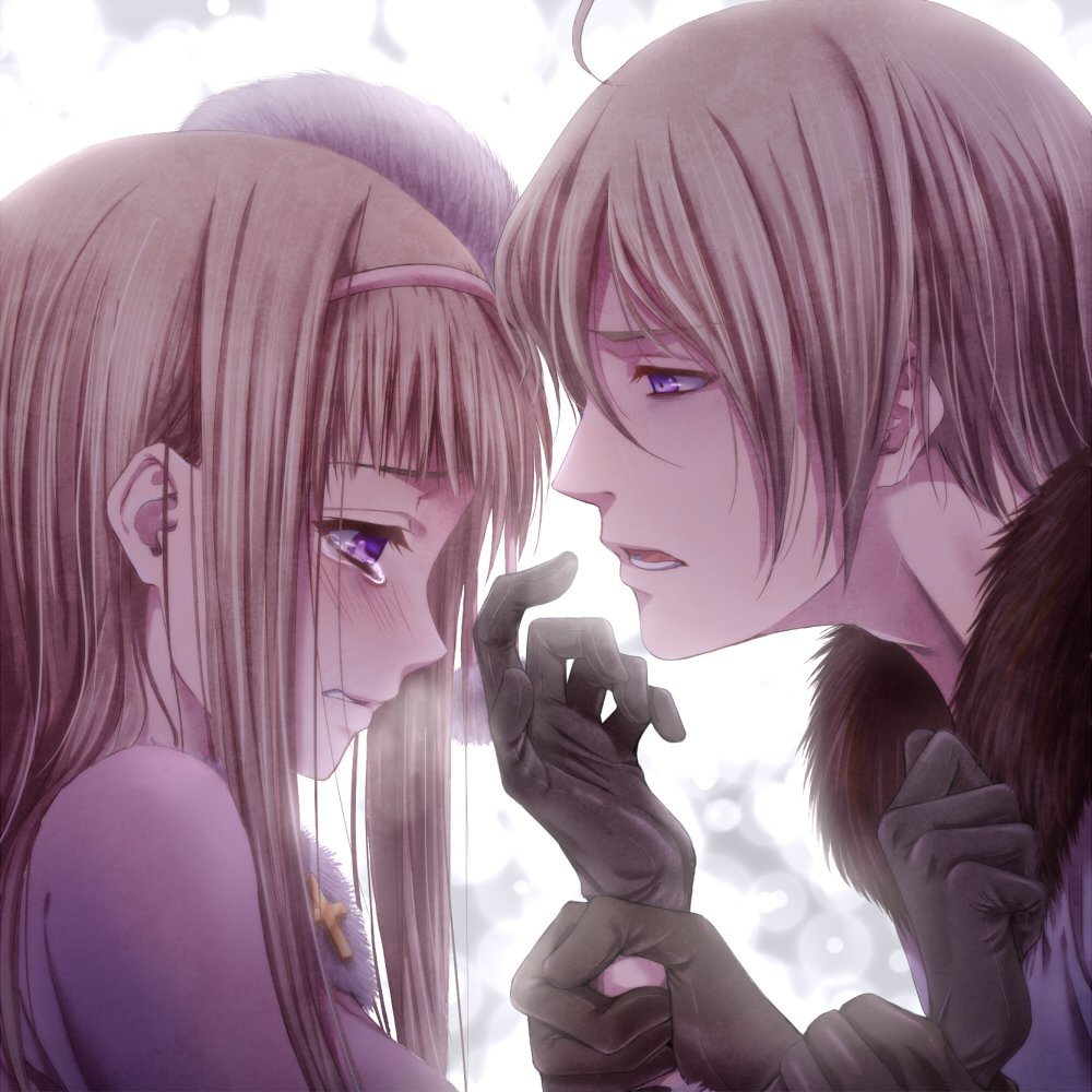1boy, 1girl, ahoge, axis_powers_hetalia, belarus_(hetalia), belarus_(male)_(hetalia), blonde_hair, blue_eyes, blush, coat, couple, cross, dual_persona, genderswap, genderswap_(ftm), genderswap_(mtf), gloves, hair_ornament, hairband, hetero, holding_another's_wrist, incest, long_hair, open_mouth, purple_eyes, russia_(female)_(hetalia), russia_(hetalia), sasano_shiki, short_hair, tears