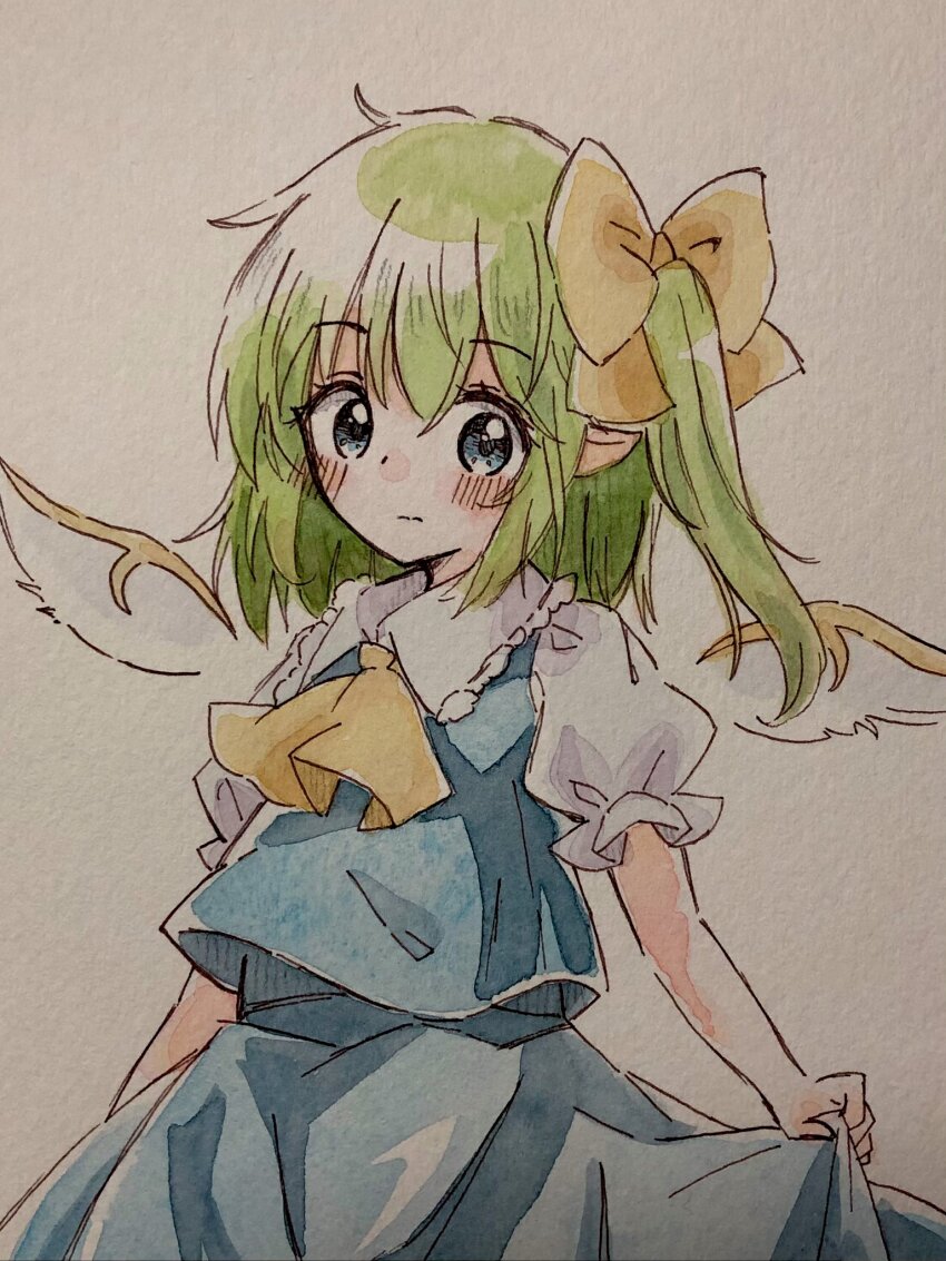 1girl, ascot, blue_eyes, blue_skirt, blue_vest, bow, closed_mouth, collared_shirt