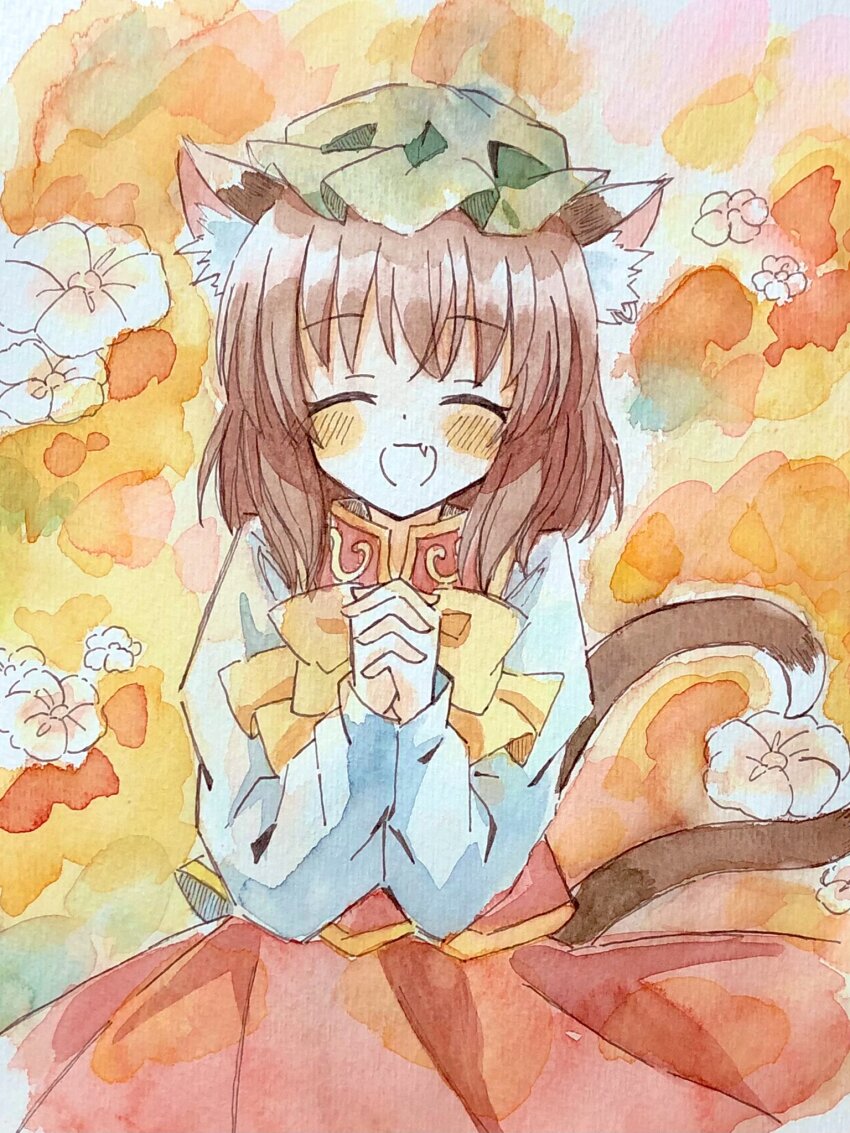 1girl, animal_ear_fluff, animal_ears, animal_hat, blush, bow, bowtie, brown_hair, cat_ears, cat_tail, chen, closed_eyes, commentary_request, facing_viewer, fang, flower, green_hat, hat, highres, interlocked_fingers, long_sleeves, mandarin_collar, mob_cap, multiple_tails, nekomata, open_mouth, own_hands_together, painting_(medium), red_vest, skin_fang, smile, solo, tail, touhou, traditional_media, two_tails, vest, watercolor_(medium), yellow_bow, yellow_bowtie, zeppachi
