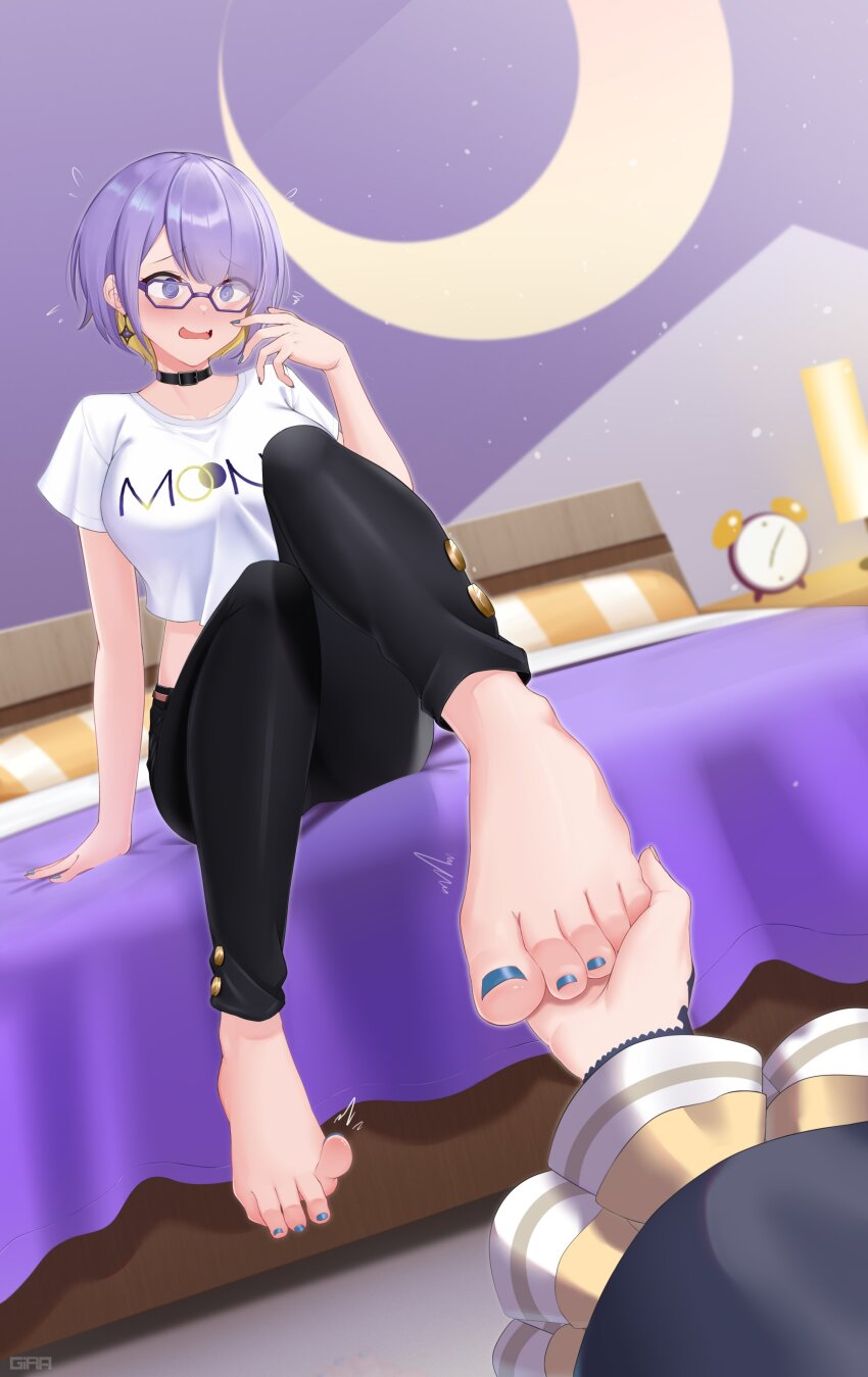 2girls, @_@, absurdres, alarm_clock, anya_melfissa, barefoot, belt, belt_collar, black_belt, black_pants, blonde_hair, blue_nails, blue_toenails, blush, breasts, clock, clothes_writing, collar, colored_inner_hair, commentary, commission, crescent, earrings, english_commentary, fang, feet, flying_sweatdrops, foot_focus, girarikyo, glasses, highres, holding_another's_foot, hololive, hololive_indonesia, jewelry, large_breasts, moona_hoshinova, moona_hoshinova_(casual), multicolored_hair, multiple_girls, nail_polish, on_bed, pants, pillow, purple_eyes, purple_hair, shirt, short_hair, sitting, skin_fang, toe_scrunch, toenail_polish, toenails, toes, vgen_commission, virtual_youtuber, white_shirt