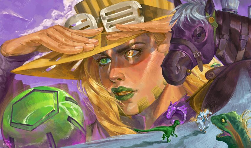 2boys, absurdres, blonde_hair, cloud, dinosaur, goggles, goggles_on_headwear, gold_teeth