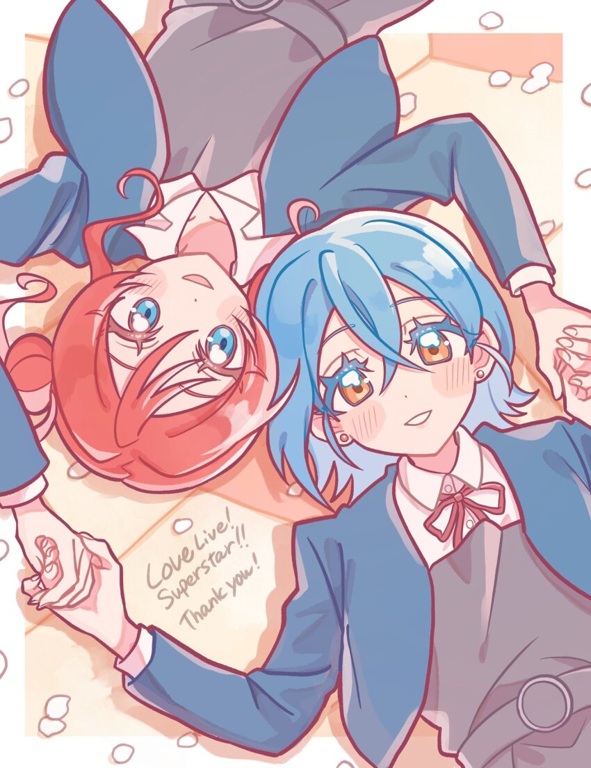 2girls, :d, blue_eyes, blue_hair, blue_jacket, blush, border, collared_shirt