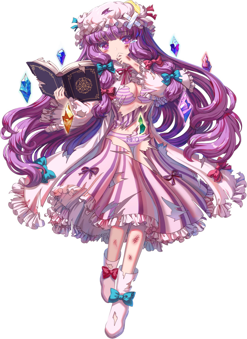 1girl, absurdres, blue_bow, blue_gem, blunt_bangs, book, boots, bow