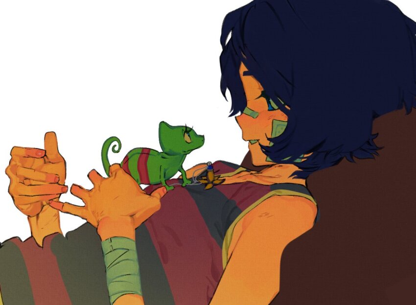 1girl, bandaged_wrist, bandages, bandaid, bandaid_on_cheek, bandaid_on_face, bandaid_on_nose, blue_eyes, blue_hair, chameleon, commentary, from_side, jewelry, leon_(wonder_egg_priority), lying, necklace, on_back, ooto_ai, pillow, shiruanyways, short_hair, smile, solo, striped_tank_top, tank_top, unworn_jewelry, unworn_necklace, wonder_egg_priority