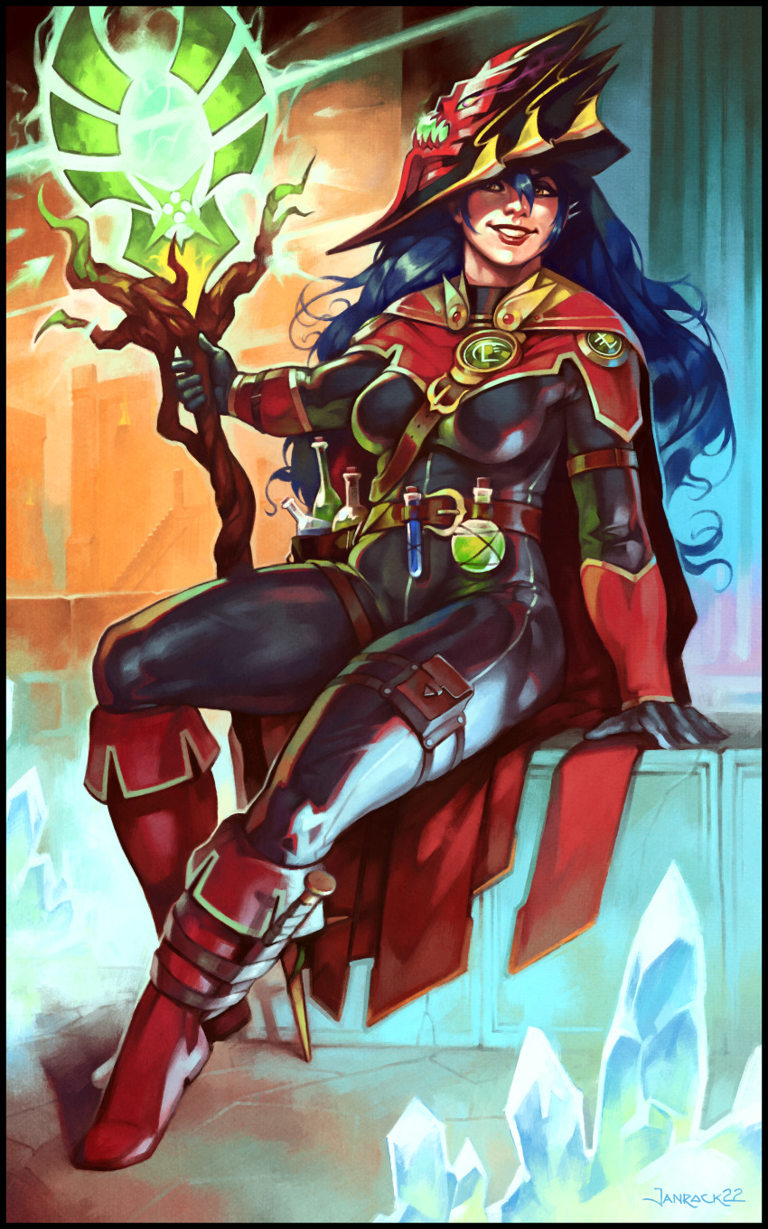 1girl, :d, absurdres, armor, artist_name, blue_hair, boot_knife, boots