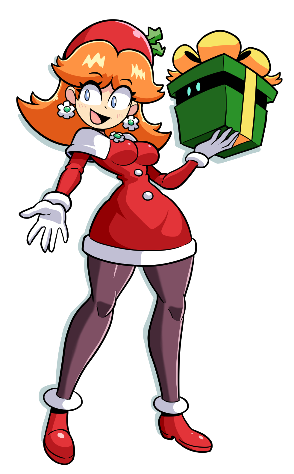 1girl, alternate_costume, blue_eyes, box, breasts, brown_hair, christmas_dress, earrings