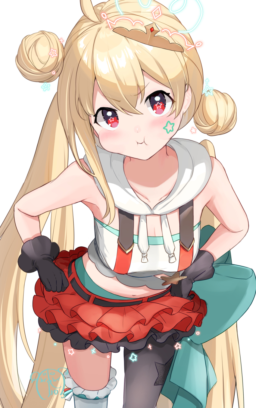 1girl, :t, ahoge, bare_shoulders, black_gloves, blonde_hair, blush, bow, breasts, cleavage, cowboy_shot, crop_top, crown, naturally_detached_hair, detached_hood, double_bun, facial_mark, frilled_gloves, frilled_skirt, frills, gloves, green_bow, hair_between_eyes, hair_bun, hands_on_own_hips, head_tilt, highres, layered_shirt, long_hair, mini_crown, mizukuma_iro, navel, pout, red_eyes, red_skirt, reject_(esports), simple_background, single_leg_pantyhose, single_sidelock, single_thighhigh, skirt, star-shaped_pupils, star_(symbol), symbol-shaped_pupils, thighhighs, tooko_(vtuber), twintails, v-shaped_eyebrows, virtual_youtuber, white_background, white_hood, white_thighhighs