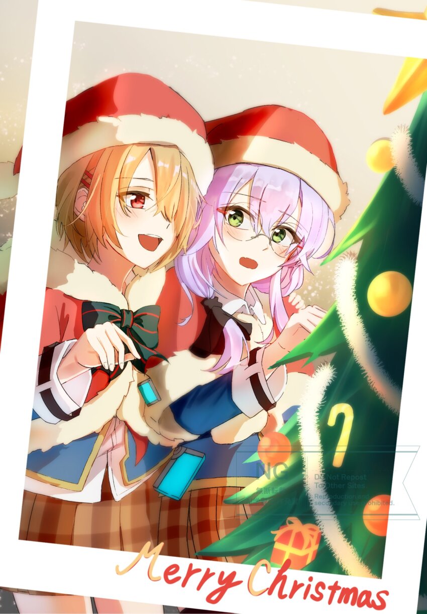 2girls, aoi11_luyu, blonde_hair, blue_jacket, capelet, christmas, fur-trimmed_headwear, fur_trim