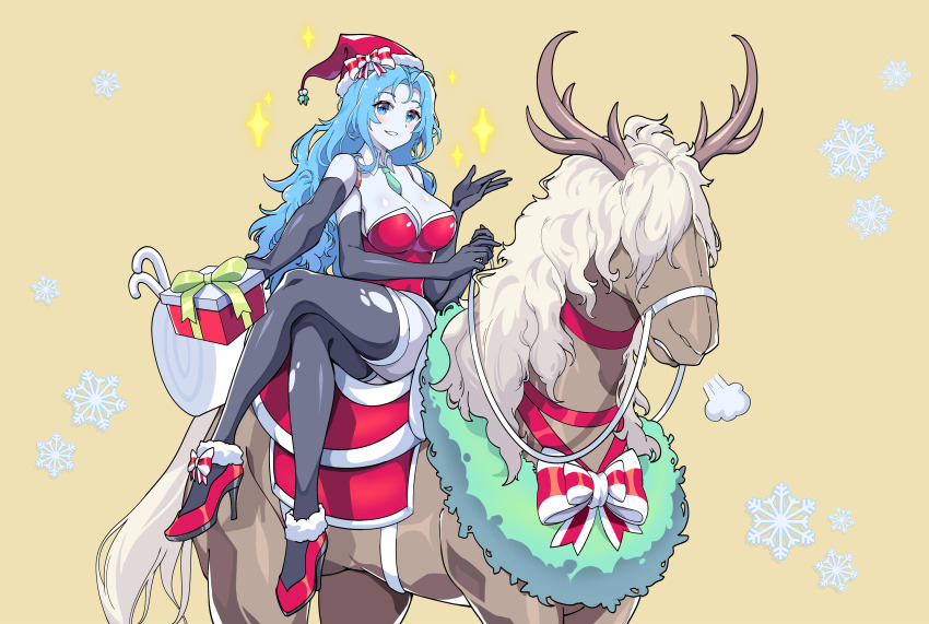 1girl, absurdres, alternate_costume, black_gloves, black_thighhighs, blue_eyes, blue_hair, blush