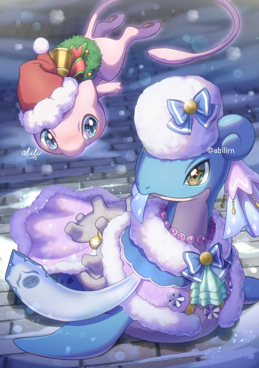 absurdres, bell, blue_eyes, brown_eyes, christmas, christmas_wreath, closed_mouth, commentary_request, floating, gen_1_pokemon, hat, highres, jewelry, lapras, lapras_(warm), legendary_pokemon, mew_(holiday)_(pokemon), mew_(pokemon), mythical_pokemon, necklace, nintendo, no_humans, outdoors, pokemer, pokemon, pokemon_(creature), santa_hat, scarf, smile, snow, tail, twitter_username, winter_clothes, wreath