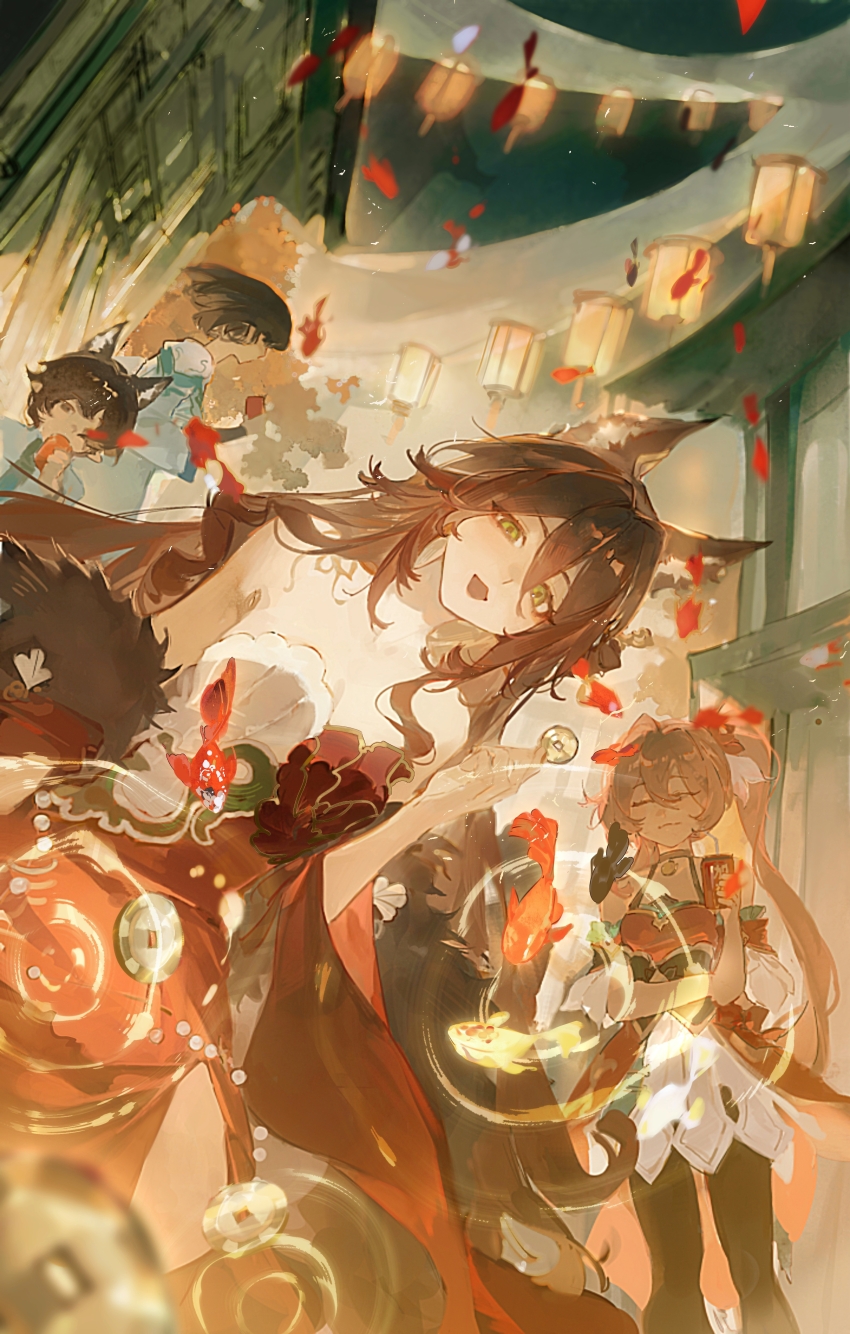 1boy, 2girls, 3girls, absurdres, ali_duo_mu, animal_ears, bare_shoulders, black_hair, breasts, brown_hair, closed_eyes, coin, dress, fish, fugue_(honkai:_star_rail), fugue_(jiaduobao)_(honkai:_star_rail), fur_trim, goldfish, green_eyes, guinaifen_(honkai:_star_rail), highres, holding, holed_coin, honkai:_star_rail, honkai_(series), lantern, long_hair, looking_at_viewer, multiple_girls, night, open_mouth, orange_hair, red_dress, ripples, smile, strapless, tingyun_(honkai:_star_rail)