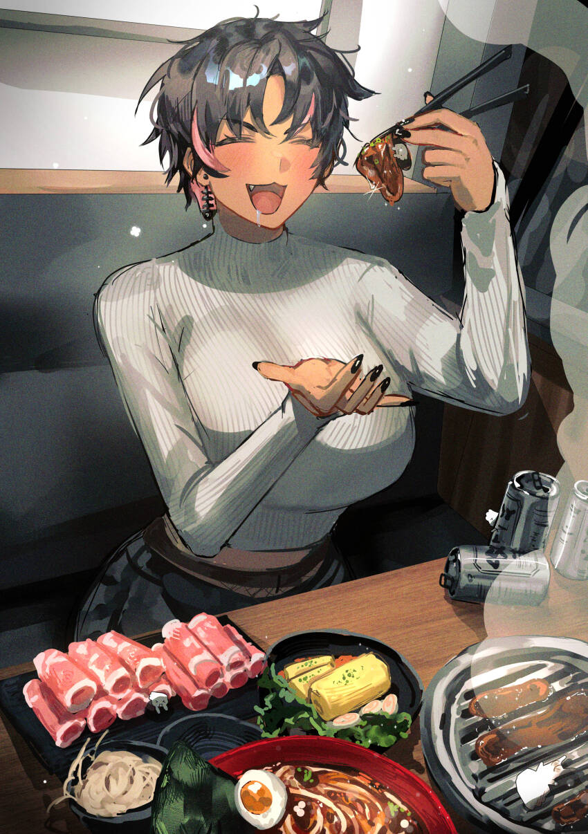 1girl, :3, absurdres, black_hair, black_nails, bon_(vtuber), breasts, chopsticks