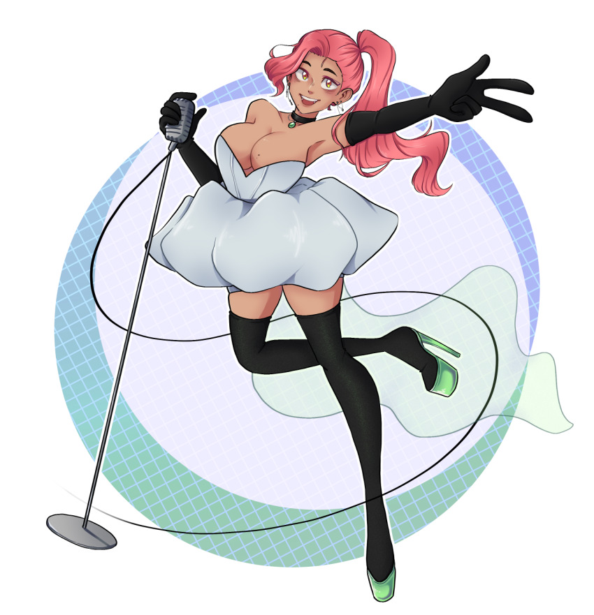 1girl, arm_up, armpits, black_choker, black_gloves, black_leotard, breasts, choker, cleavage, dress, earrings, elbow_gloves, full_body, gloves, green_footwear, high_heels, highres, holding, holding_microphone_stand, jewelry, koffii-tea, large_breasts, leg_up, leotard, long_hair, looking_at_viewer, microphone, microphone_stand, open_mouth, original, outline, pink_hair, ponytail, smile, solo, thighhighs, utau, white_dress, white_outline, yellow_eyes