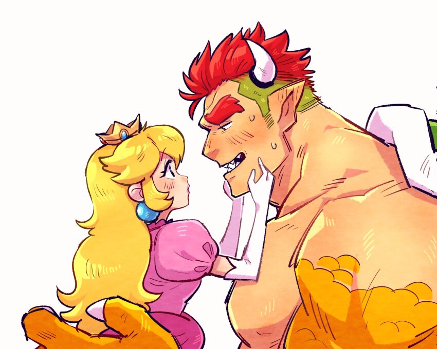1boy, 1girl, blonde_hair, bowser, carrying, carrying_person, crown, dress, earrings, eye_contact, fangs, gloves, hands_on_another's_face, highres, horns, humanization, jewelry, long_hair, looking_at_another, manly, mario_(series), mature_female, mature_male, muscular, muscular_male, nintendo, open_mouth, partial_humanization, pink_dress, pointy_ears, princess, princess_peach, red_hair, shell, size_difference, sweat, sweatdrop, topless_male, white_background, white_gloves, yowasabimechaoc