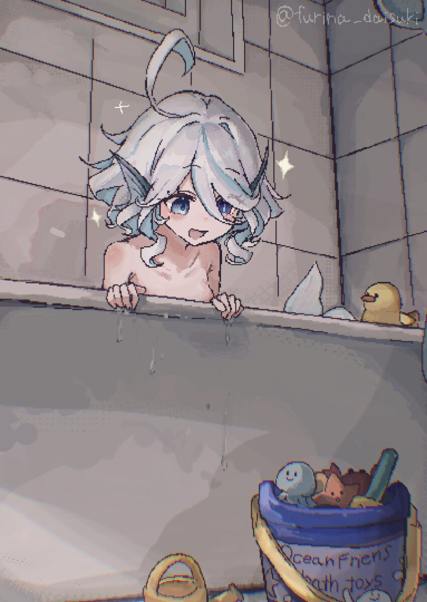 1girl, :d, ahoge, bath, bathing, bathroom, bathtub, bird, blue_eyes, blue_hair, blush, breasts, bucket, collarbone, commentary_request, completely_nude, duck, fins, furina_(genshin_impact), furina_daisuki, genshin_impact, hair_between_eyes, head_fins, highres, merfolk, merfolk_out_of_environment, mermaid, mismatched_pupils, monster_girl, nude, open_mouth, partially_submerged, pixel_art, ripples, rubber_duck, short_hair, signature, small_breasts, smile, solo, sparkle, tile_floor, tile_wall, tiles, twitter_username, water