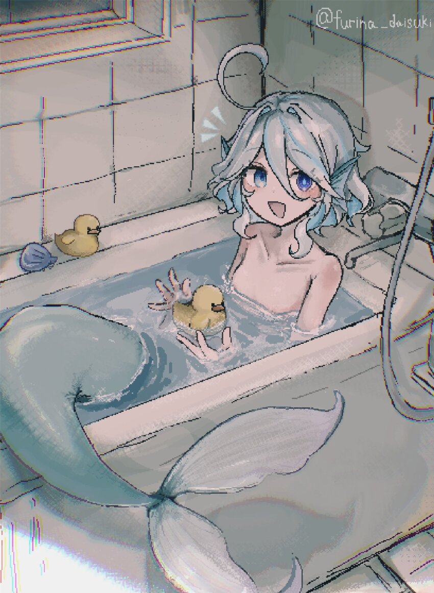 1girl, :d, ahoge, bath, bathing, bathroom, bathtub, bird