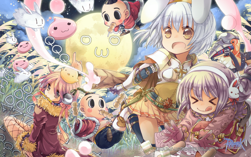 >_<, 2boys, 3girls, :3, :q, animal, animal_ears, animal_on_head, armor, armored_boots, bag, belt, bird, bird_on_head, black_belt, black_hair, black_shorts, black_thighhighs, boobplate, boots, breastplate, brown_coat, brown_gloves, brown_jacket, closed_eyes, closed_mouth, coat, copyright_notice, cross, cross_of_prontera, dumpling, dumpling_child, earmuffs, fake_animal_ears, fishnet_pantyhose, fishnets, food, full_body, full_moon, fur-trimmed_coat, fur-trimmed_shorts, fur_trim, gloves, grey_eyes, grey_hair, guest_art, highres, jacket, jumping, logo, long_hair, long_sleeves, lord_knight_(ragnarok_online), low-tied_long_hair, lunatic_(ragnarok_online), merchant_(ragnarok_online), miniskirt, moon, mouth_hold, multiple_boys, multiple_girls, official_art, official_wallpaper, on_head, open_mouth, pantyhose, pauldrons, peco_peco, pencil, pink_hair, pink_skirt, poring, rabbit, rabbit_earmuffs, rabbit_ears, ragnarok_online, red_bag, rogue_(ragnarok_online), shinonome_moegi, short_hair, shorts, shoulder_armor, sitting, skirt, slime_(creature), smile, spiked_gauntlets, thighhighs, tongue, tongue_out, wheat_field, yellow_eyes