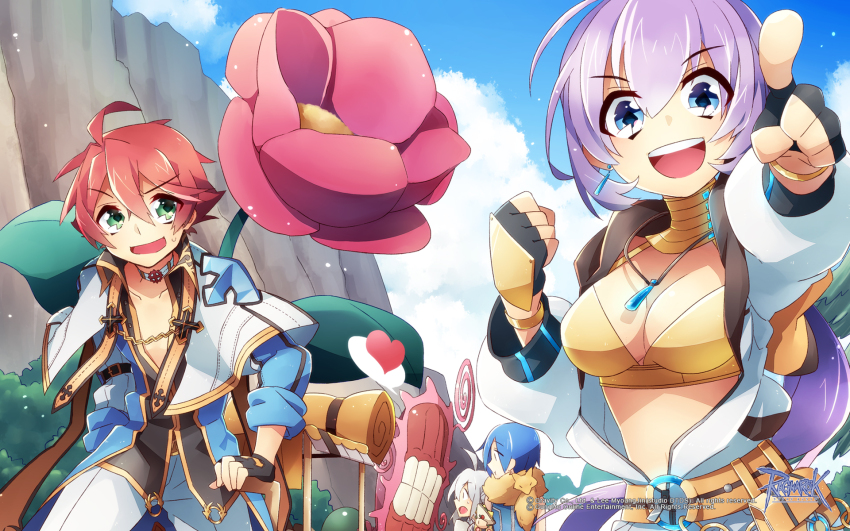 2boys, 2girls, :d, ahoge, animal, animal_around_neck, arch_bishop_(ragnarok_online), bikini